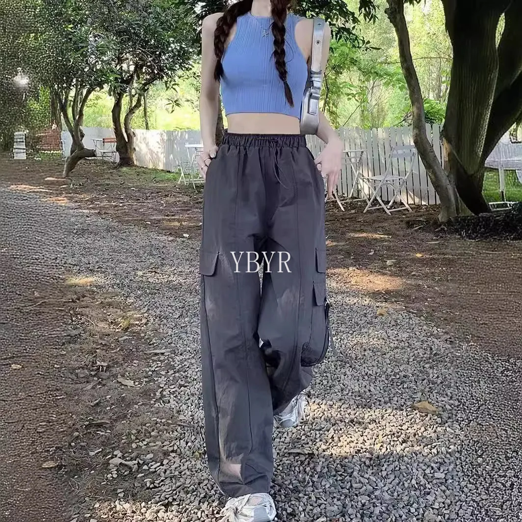 High Waist Pants Female Wide Leg Baggy Trousers Solid Color Sports Sweatpants Women Fashion Parachute Cargo Pants Quick Dry