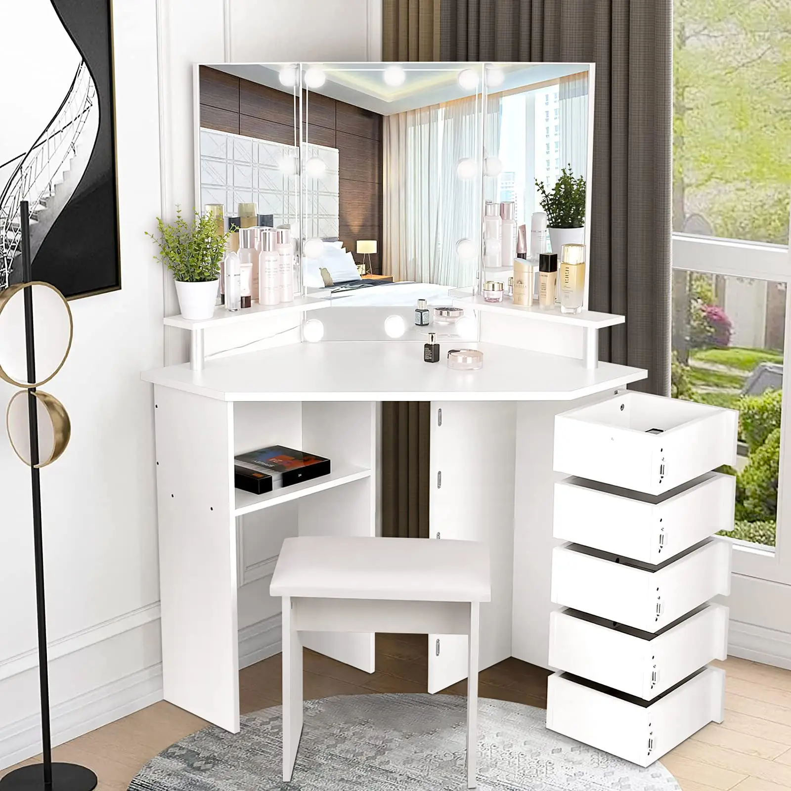 VOWNER Vanity with Lights - 3 Color Lighting Options, Brightness Adjustable, Vanity Table with Drawers and Stool