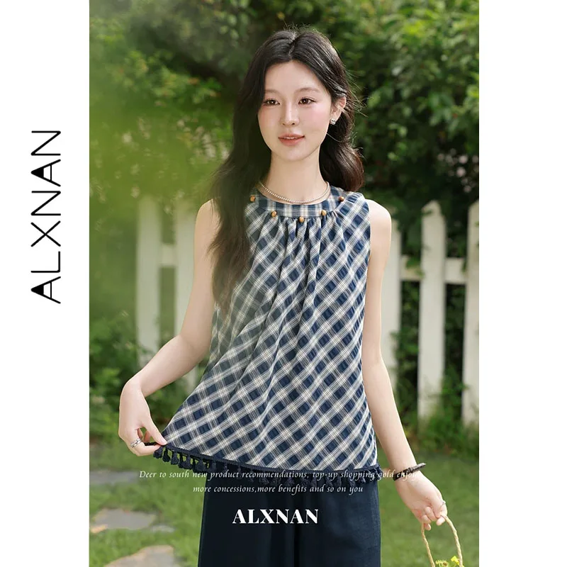 ALXNAN Blue Plaid Tank Top Crew Neck Beaded Detail Loose-fit Fringe Hem Women's Tanks 2026 Summer Casual Sleeveless Tops L65329