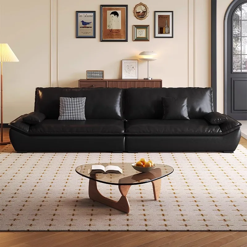 

Italian retro oil wax cat scratching leather sofa living room small apartment large sitting deep straight row three people