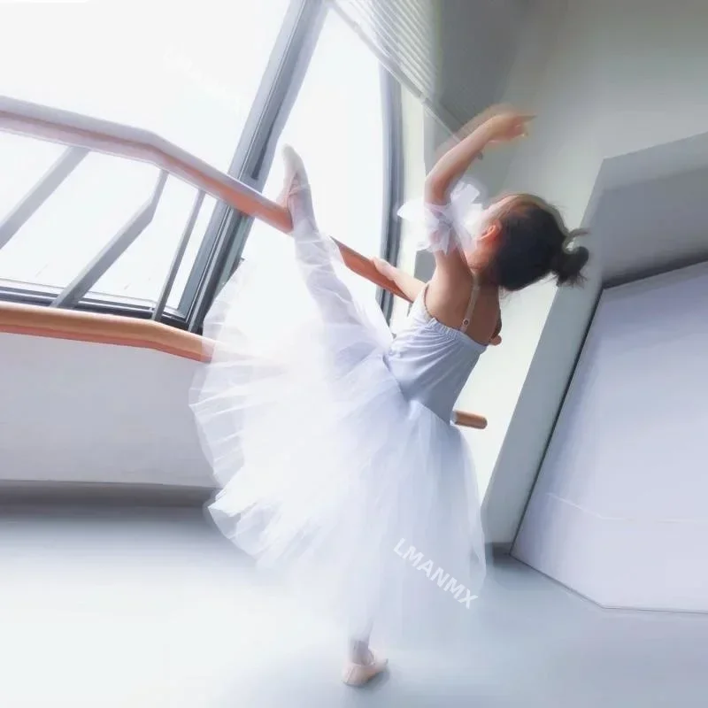 Tutu di balletto bianco rosa giallo senza maniche in pizzo professionale per bambini bambino lungo balletto danza tutù romantico per ragazze vestito da ballerina