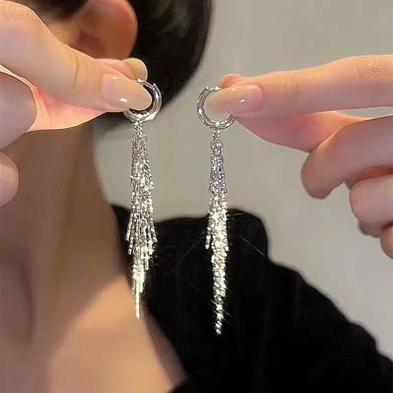 

Shiny Silver Color Long Tassel Glitter Drop Earrings for Women Geometric Earring Fashion Accessories Party Jewelry Wedding Gifts