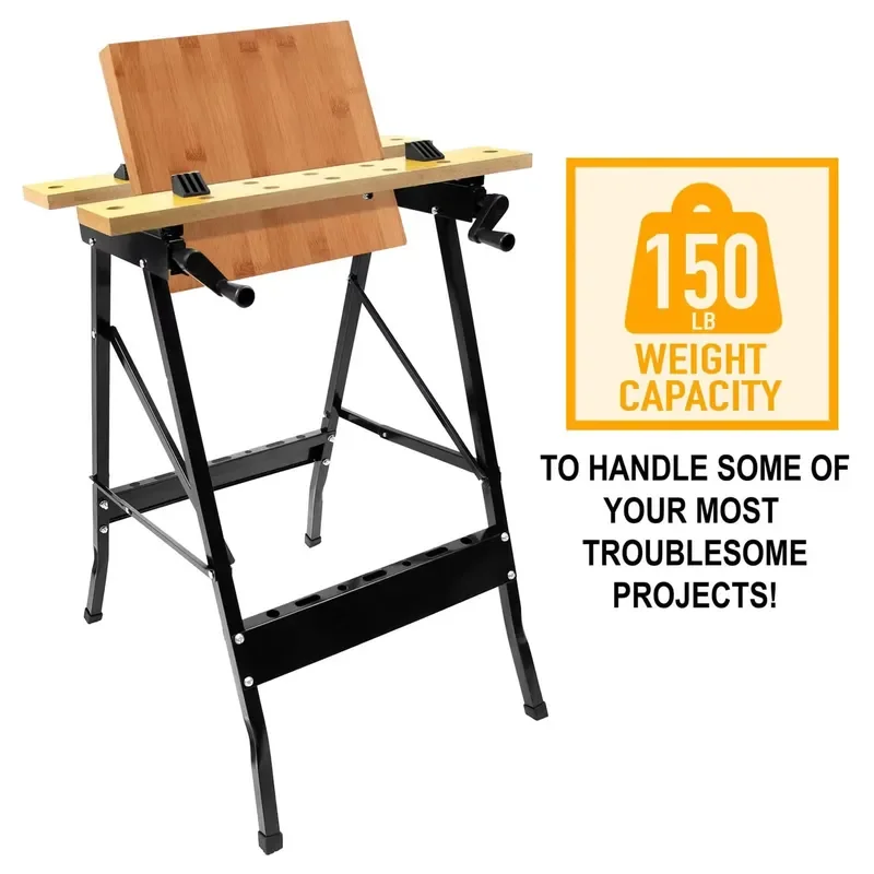 EE1 Portable Wood Bench Foldable Workbench with Work Clamping Folding Worktop Table for DIY Projects and Workshop