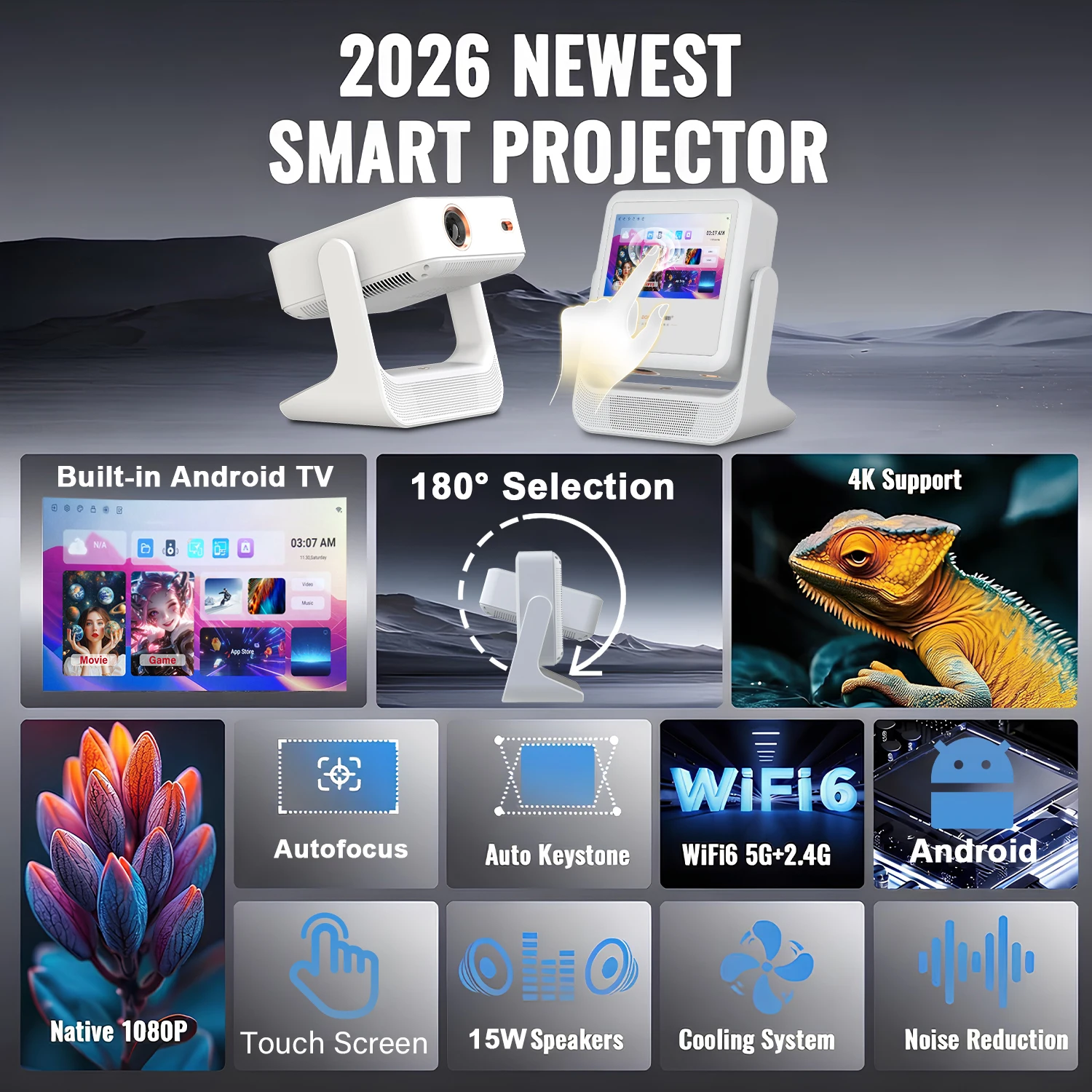 

Smart Home Office Projector for Sports Games Auto Focus WiFi BT Large Screen Entertainment