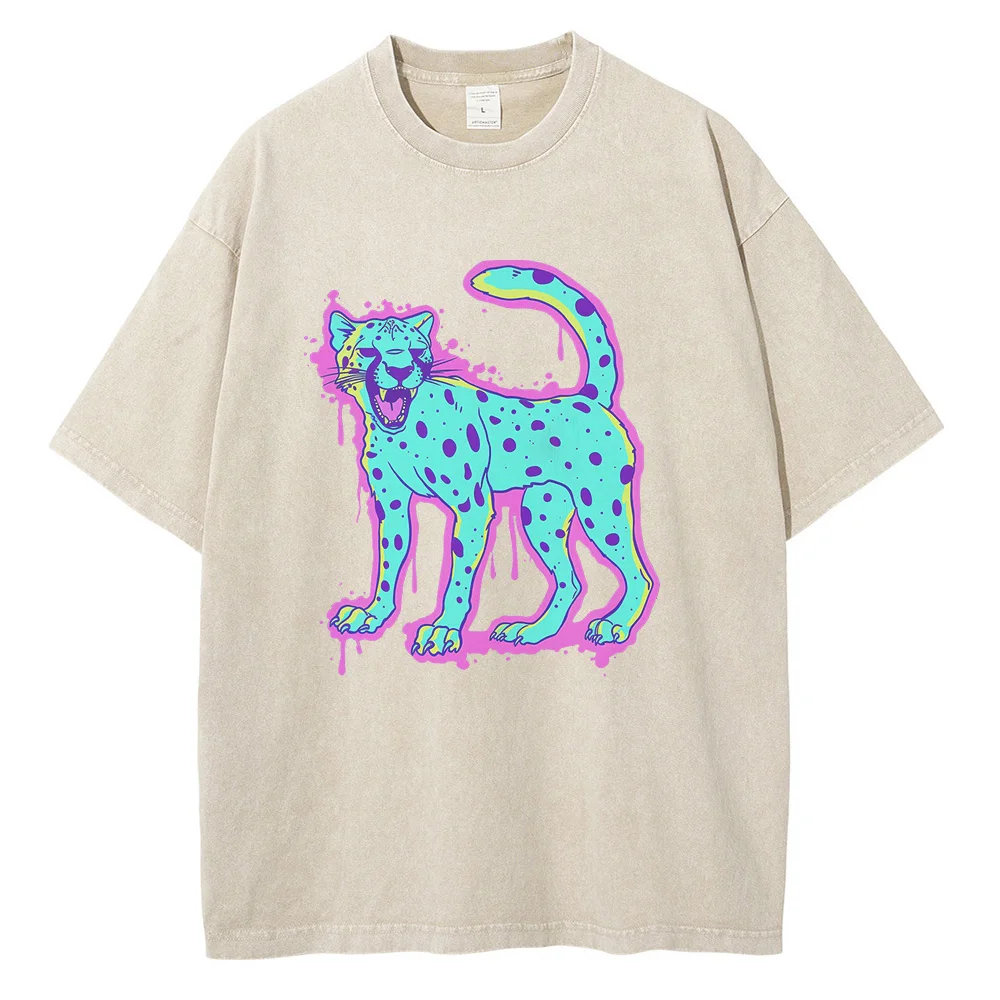 Cheetah Psychedelic Graphic T Shirts Heavyweight Pure Cotton Distressed Washed T Shirt Drop Shoulder Vintage Oversized Mens Tops