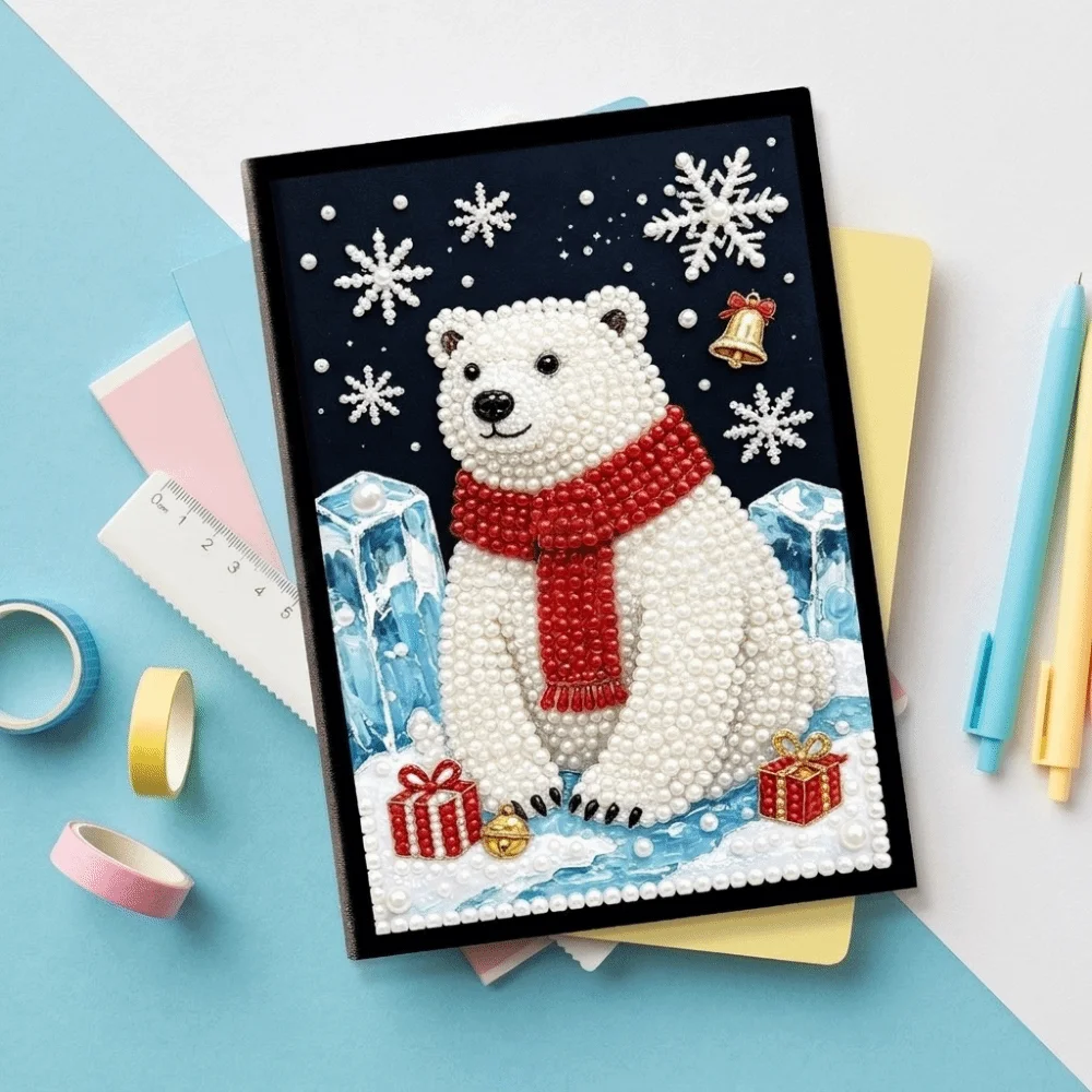 Colorful Finish DIY Pearl and Diamond Notebook Art 3D Visual Effect Handmade Diamond Painting Notebook Kit Santa Claus Snowman