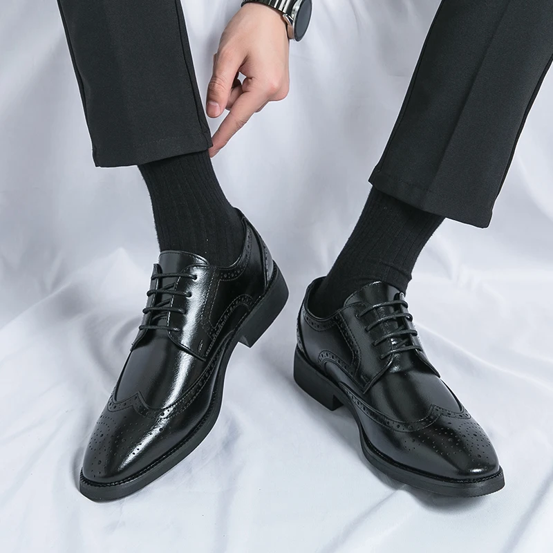 أحذية رجالية كاجوال من الجلد شهم بريطاني ريترو ستايل موضة الحفلات والأعمال للبالغين أحذية 38-46 برباط أسود وبني #2