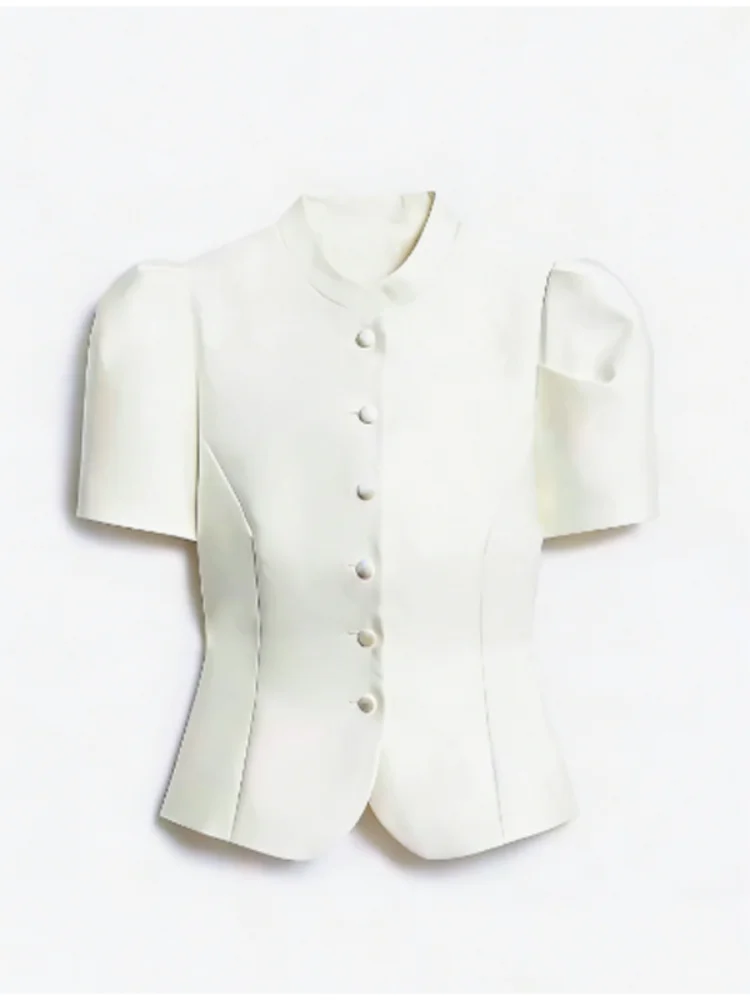

Satin Waist Cinched Bubble Sleeve Top Women Fashion Stand Up Collar Single Breasted Short Shirt 2026 Lady Commuting Daily Tops
