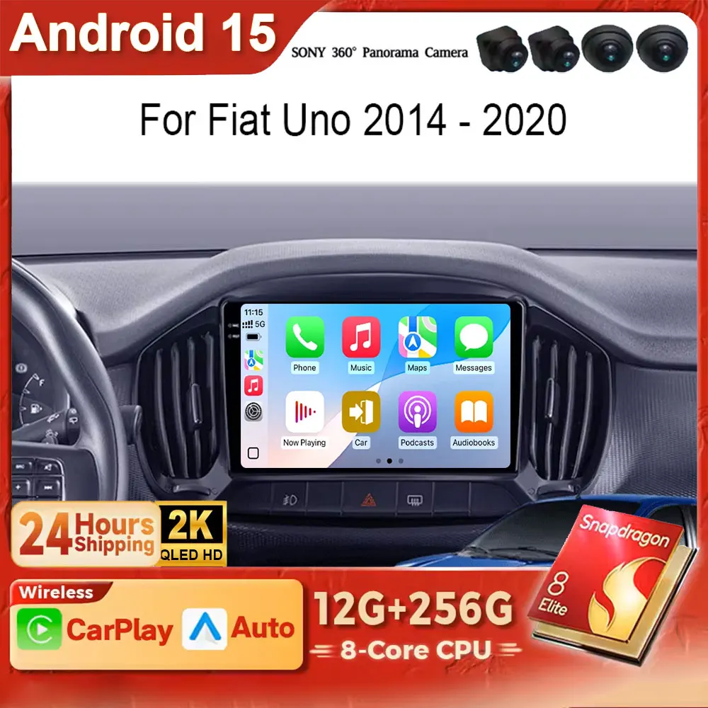 Radio para Auto Android 15 2K QLED con Carplay Inalámbrico para Fiat Uno 2014-2020, Unidad Principal Multimedia, Reproductor, GPS, Navegación, 5G Wifi, BT, DSP
