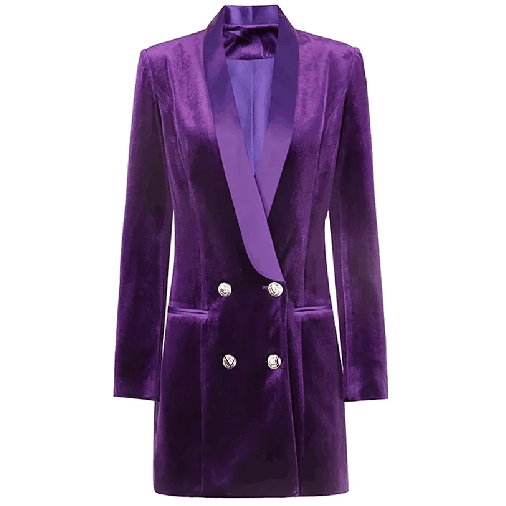 

Purple Velvet Jacket for Women Double Breasted Blazer Shawl Lapel Winter Coat Metal Button Mid-length Fashion 1 Pcs Only Jacket