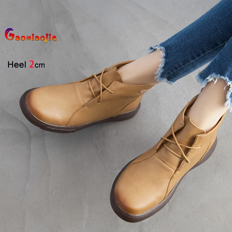 

Женские ботильоны из коровьей кожи, уютная повседневная обувь на мягкой подошве со шнуровкой 2 см, осенне-зимняя женская обувь на плоской подошве, короткие ботильоны Mujer