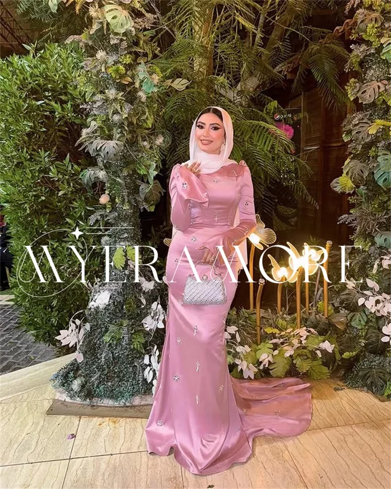 

Modest Silk Satin Evening Dresses Full Sleeve Mermaid Crystal Beading Prom Dresses with Train Customized فساتين سهرات