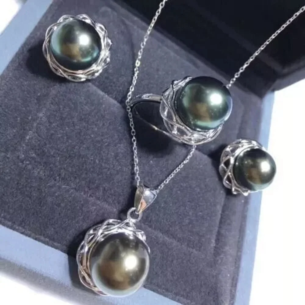 

Gorgeous AAA+9-10mm South Sea Black Pearl Pendant&Earrings&Ring Set 18inch 925s