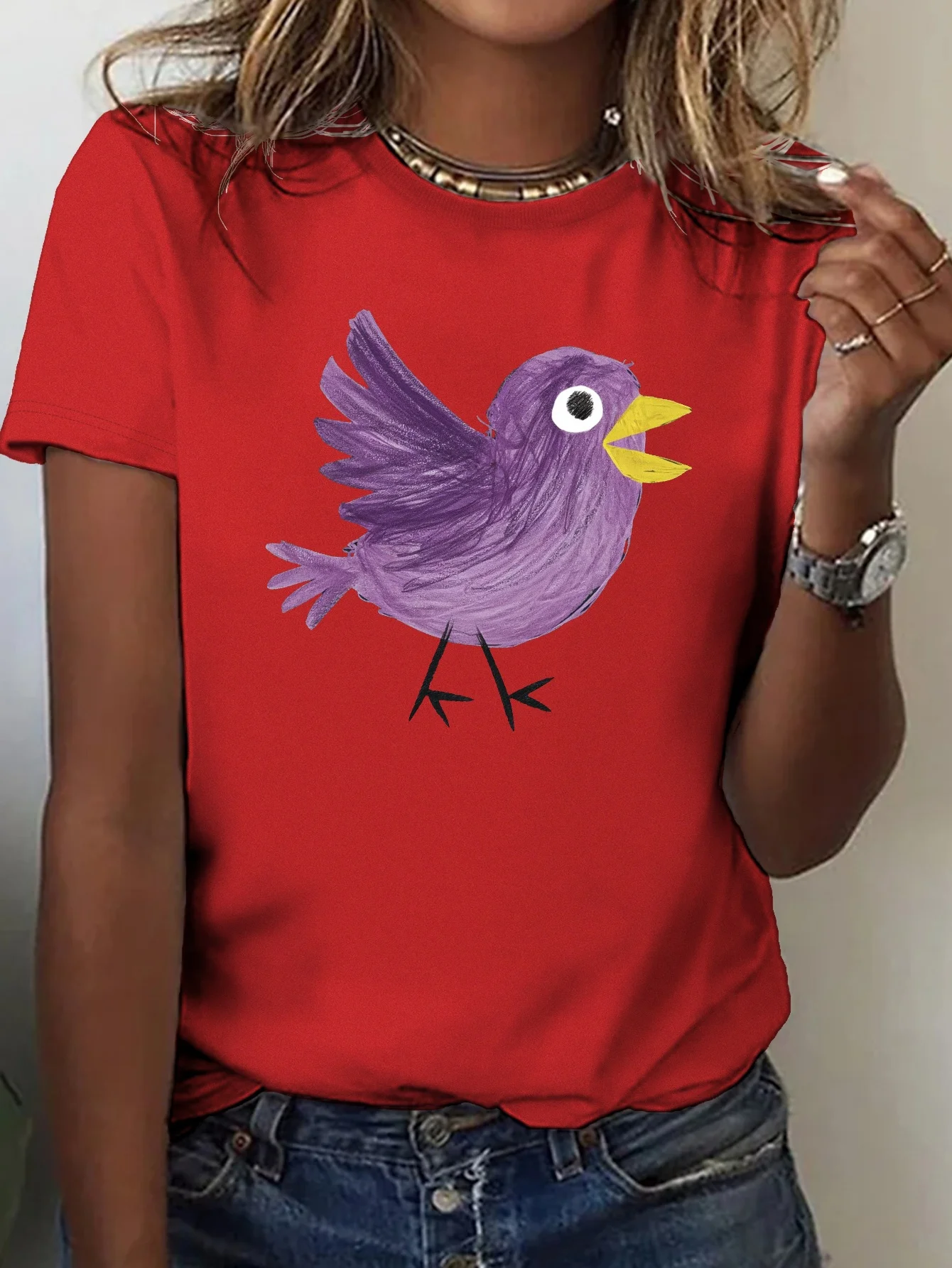 Damen-T-Shirt mit albern und niedlichem Vogelmuster-Aufdruck, Sommer-Kurzarm-Rundhals-Top, T-Shirt für Damen, modische Kleidung