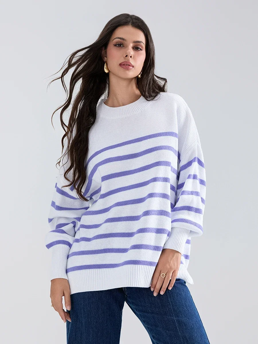 Women Vintage Striped Sweater Drop Shoulder Long Sleeve Round Neck Slit Hem Loose Knitted Tops Fashion Streetwear for Daily Life