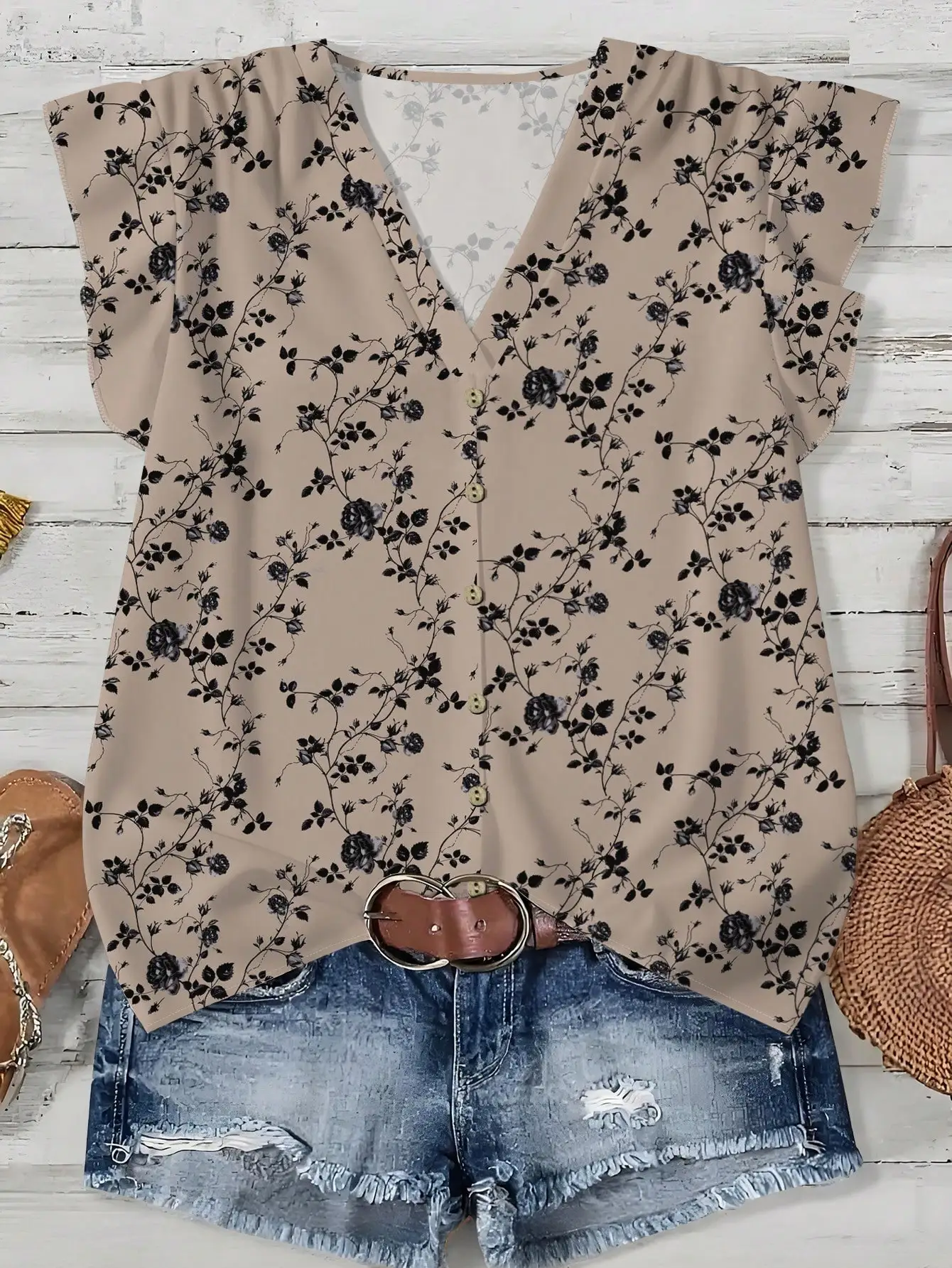 

Женская повседневная блузка с V-образным вырезом, цветочным принтом и рюшами по низу для весны, лета и осени