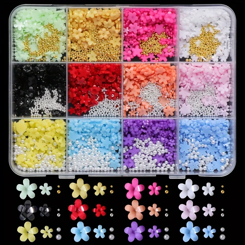 1500pcs/box Floral Nail Art Charms Set, Y2K Style High Quality Colorful Resin Flowers 3D Nail Charm