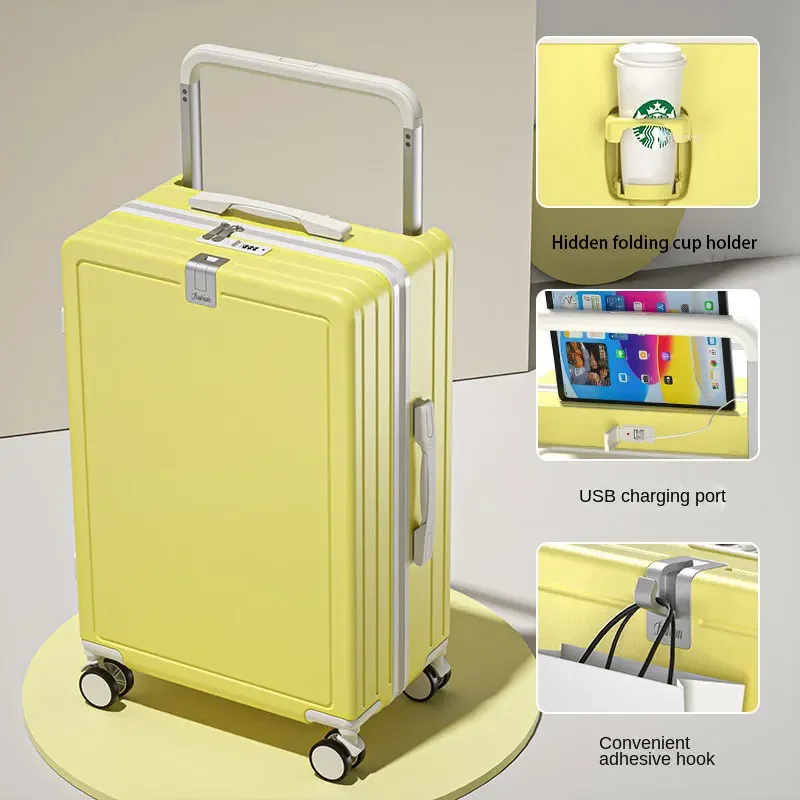 Ampla Handle Mala de Viagem Bagagem com USB Cup Holder Rodas Tronco Saco Senha Trolley Caso mala Cabin Travel Bag Malas