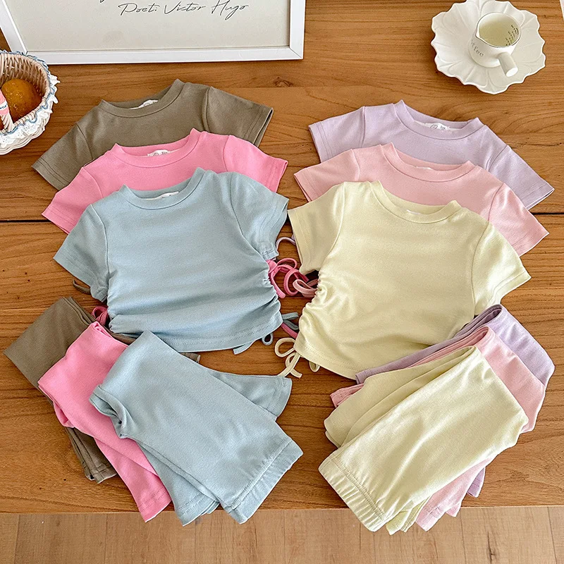 Girls Summer short-sleeved Trousers Suit short-sleeved Bell Pants Solid Color 2pcs Set Fashiona children's Summer Clothes