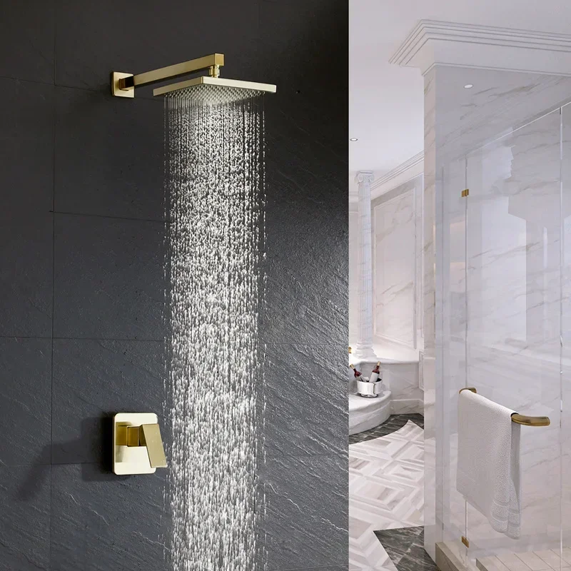 

Bathroom Shower Faucet Set Brushed Gold In wall Rainfall Wall or Ceiling Wall Mounted Shower Mixer 8“ ”Head