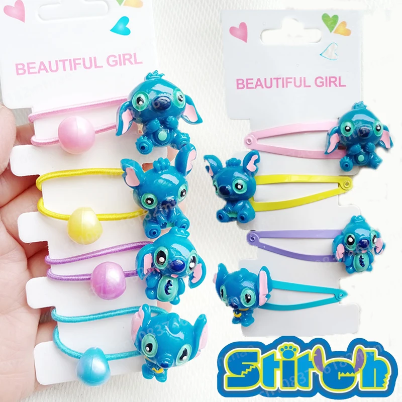 4 Pcs Disney Cartoon Blue Stitch Hairpin Girls' Leather Band Scrunchie Hair Accessories Decorate Children's Holiday Gifts