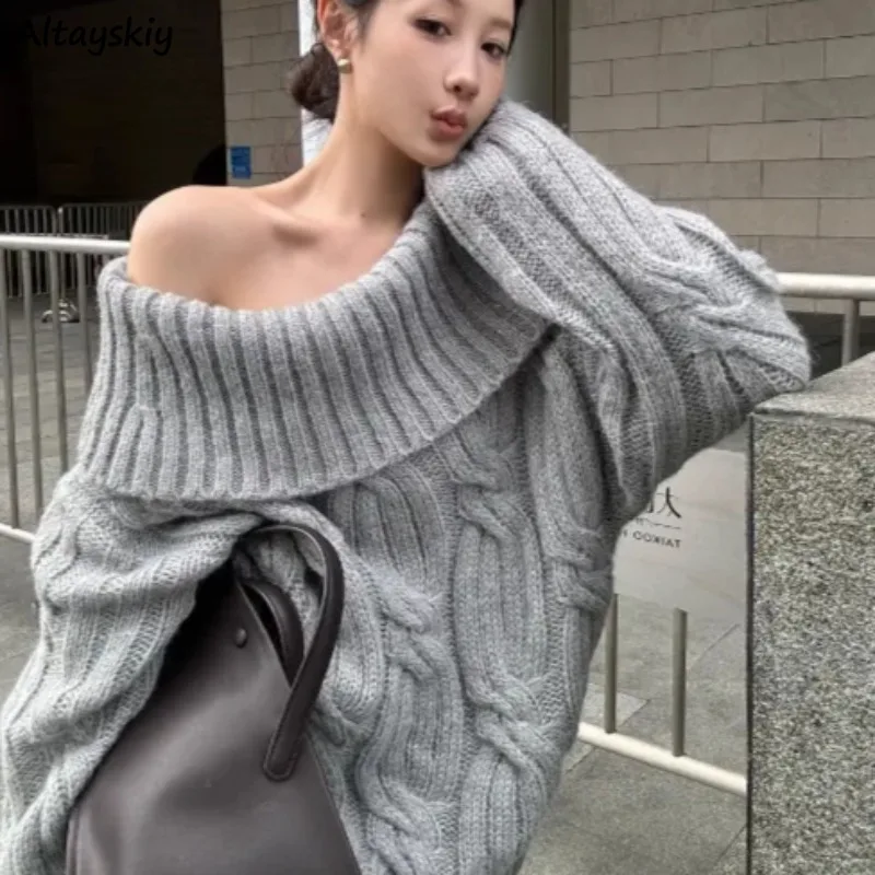 Pullovers Women Knitted Slash Neck Streetwear Hot Girls Baggy Solid Minimalist Autumn Winter Off Shoulder Sexy Chic Design New