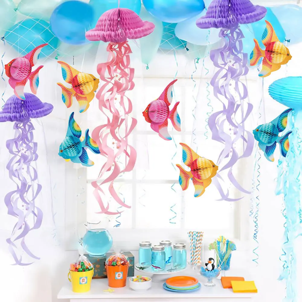 Guirnalda colgante de papel con borlas de lunares, pancartas de sirena, azul y púrpura, decoraciones para fiesta de cumpleaños de niñas, bajo el mar