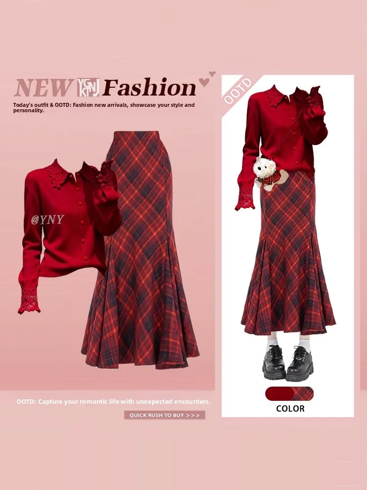 

Red Knitted Open Cardigan And Fi Tail Skirt Two Piece Set Faionable Plaid Slimming Winter High End Feel Women's Ensemble
