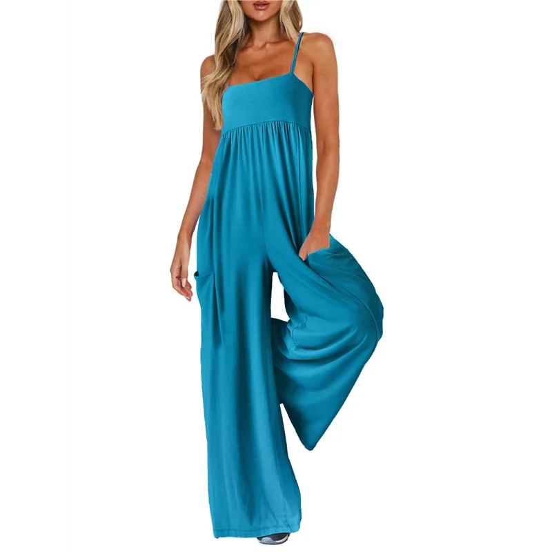 CYL-جمبسوت للنساء بحزام سباغيتي واسع الساق وزرة صيفية مع جيوب