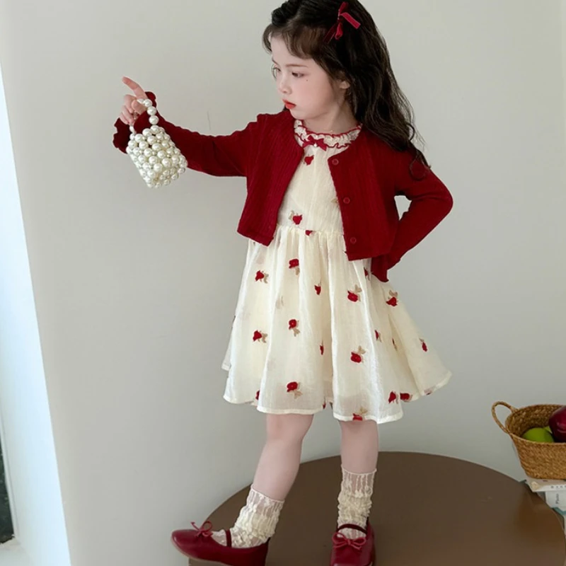 

Girls' Dress Set for Autumn 2025, New Children's Autumn Dress, Baby Girl's Spring and Autumn Knitted Cardigan Jacket