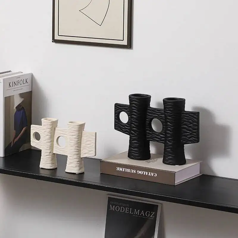 Black Art Ornaments Geometric Cross-shaped Hollowed Design Flower Arrangement Accessories Ceramic Handicrafts Home Decoraction