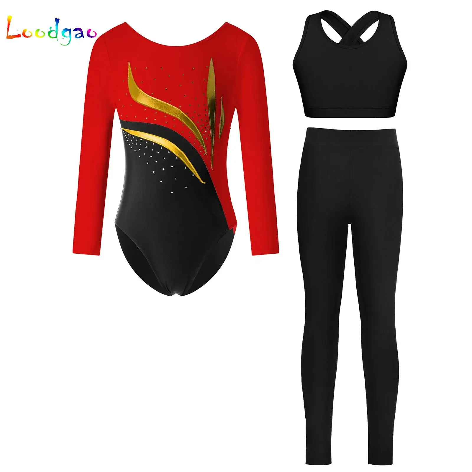 

Gymnastics Leotards for Girls Long Sleeve Athletic Biketard Kids Shiny Rhinestone Unitard+Vest+Shorts Tumbling Activewear Outfit
