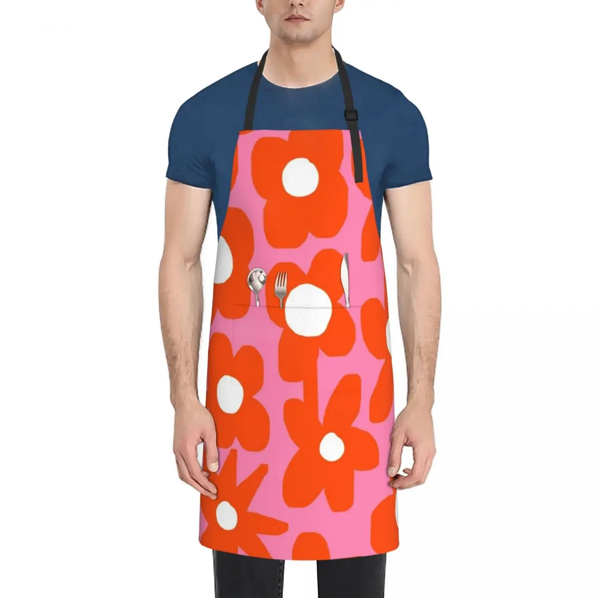 Iconic Retro Scandinavian Summer Flowers in Hot Pink and Orange Apron for home useful pieces kitchen clothes Apron