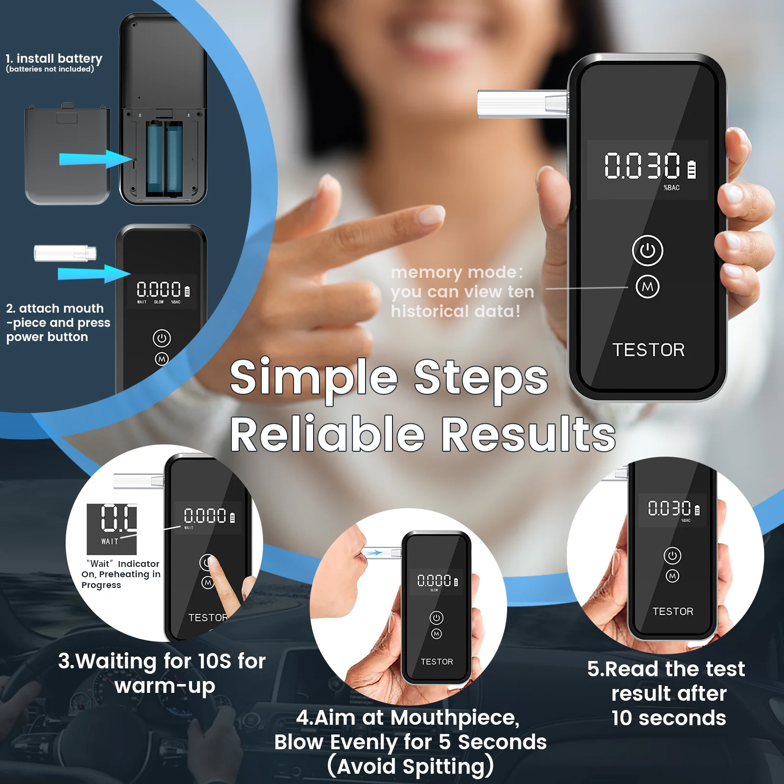 Digital Display Professional Breathalyzer Alcohol Tester with 8 Reusable Mouthpieces for Home Car Use Accurate Portable