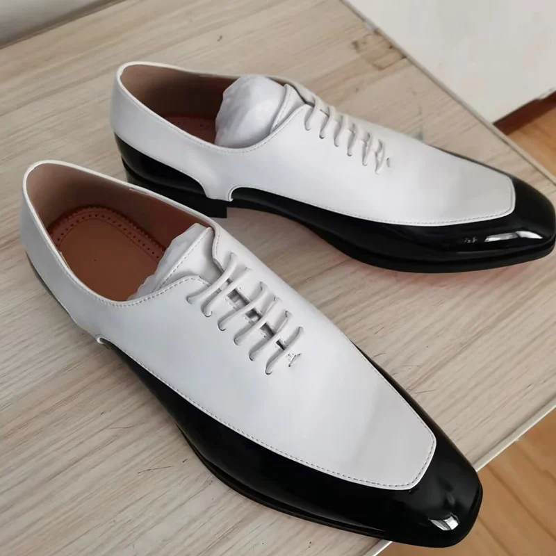 

Black And White Patchwork Genuine Leather Dress Shoes Man Oxfords Shoes Lace-up Social Formal Wedding Shoes For Men