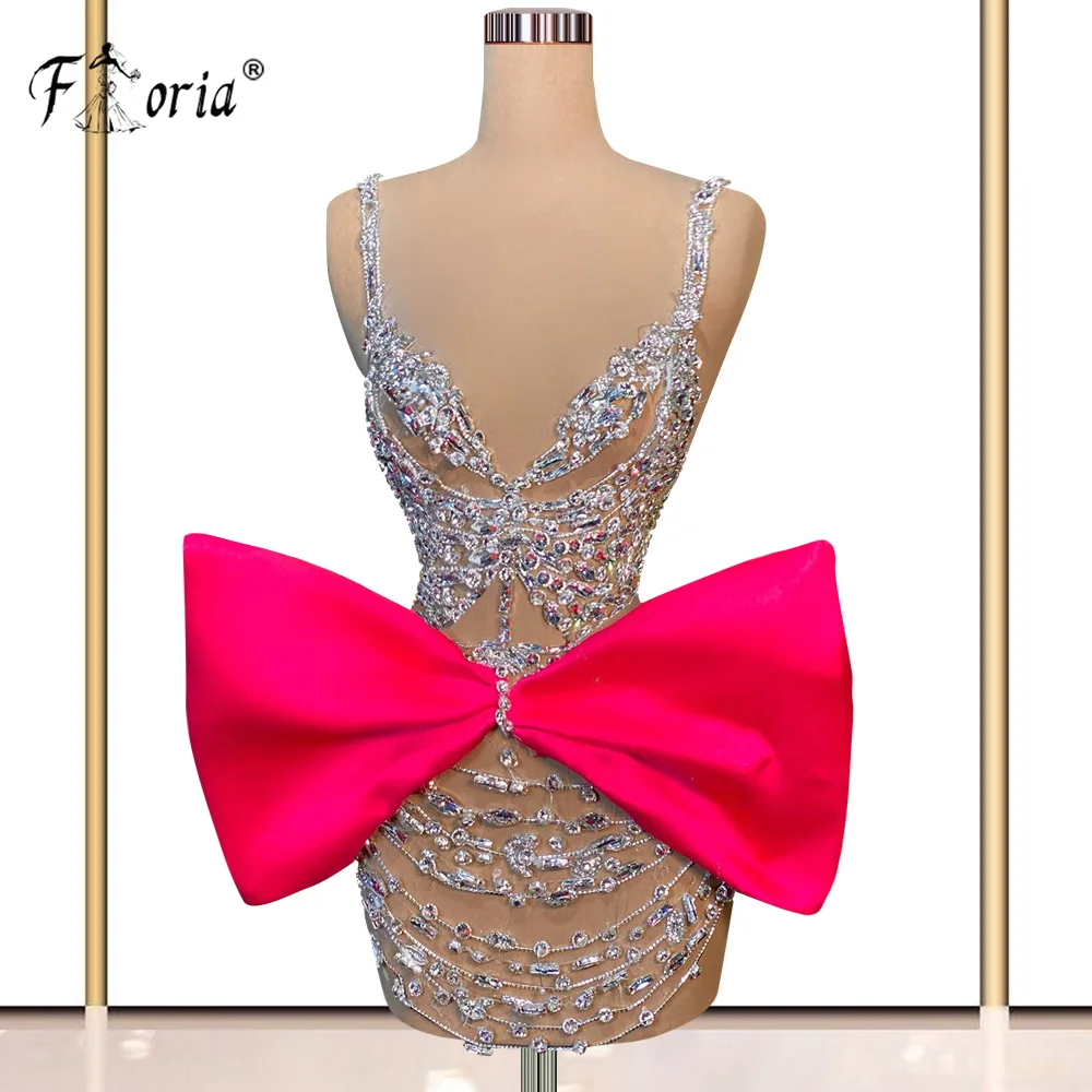 Sparkly Gala Rhinestones Crystal Short Prom Dress 2023 Spaghetti Big Bow Birthday Party Gown Celebrity Runway Stage Show Costume