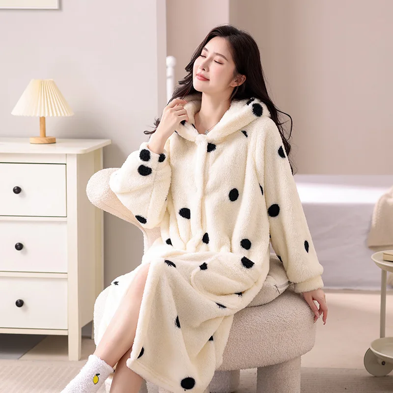 

Pajamas Women's Autumn and Winter New Flannel Loungewear Coral Fleece Thickened Long Polka Dot Nightgown Sweet Princess Suit