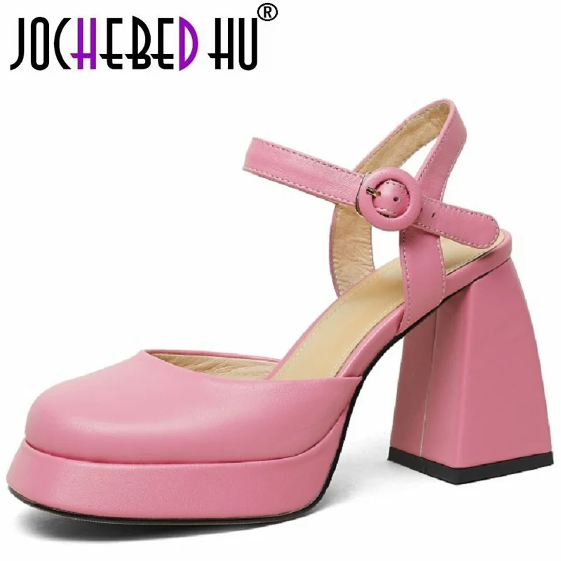 

【JOCHEBED HU】Genuine Leather Elegant Ankle Strap Sandals Chunky Block High Heels Square Toe Platform Party Date Dress Shoes