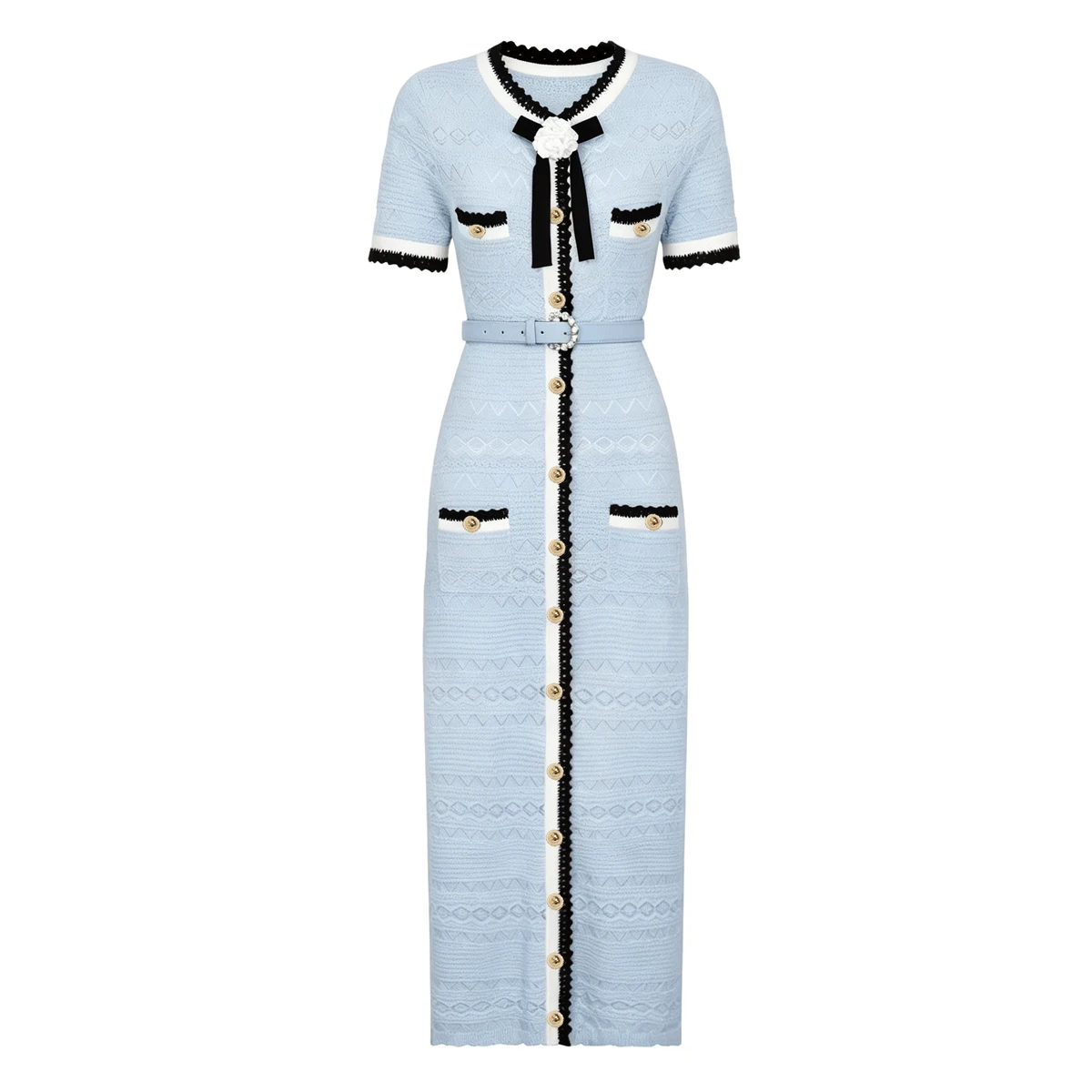 26252 Spring Summer Women Knitted Commuter Dress Round Neck Flower Waist Belt Short Sleeve Slim Casual Daily Dresses