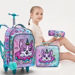 3PCS Set Rolling Backpack For Girls, Cute Cartoon Green Lucky Puppy Sequin Design Wheeled Bags With Lunch Box And Pen Bag