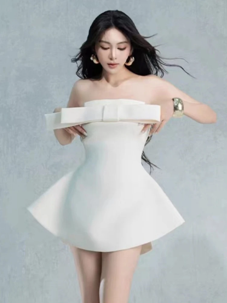 

Sexy Strapless Bow Patchwork Mini Dress Women Beige Black Sleeveless Backless Bownot Slim A-line Dresses Elegant Evening Party