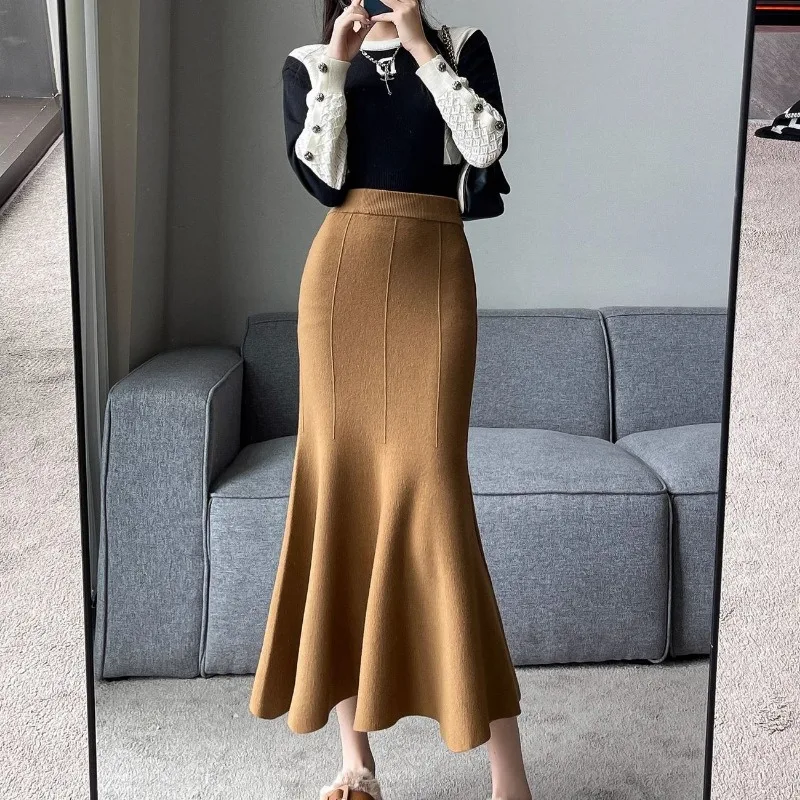 Elegant Women Knit Mermaid Skirt Autumn Winter High Waist Slim Fit Long Midi Skirt For Pear Shape