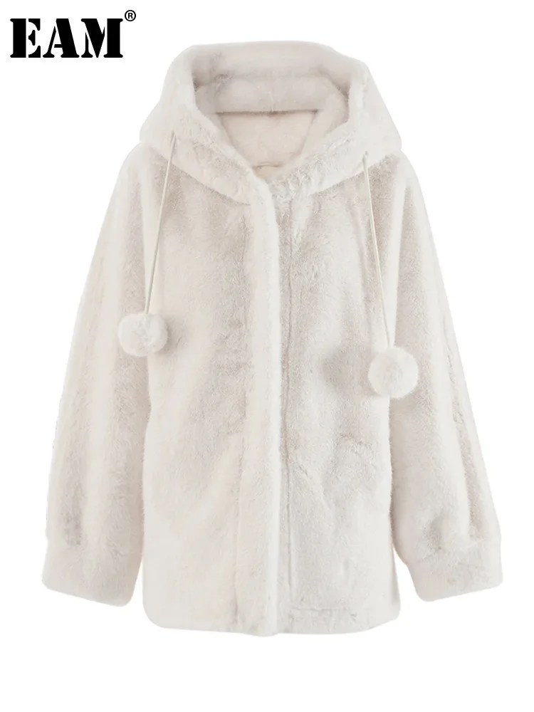 [EAM] Beige Soft Big Size Keep Warm Faux Fur Jacket New Hooded Long Sleeve Women Coat Fashion Tide Autumn Winter 2024 CPG2455