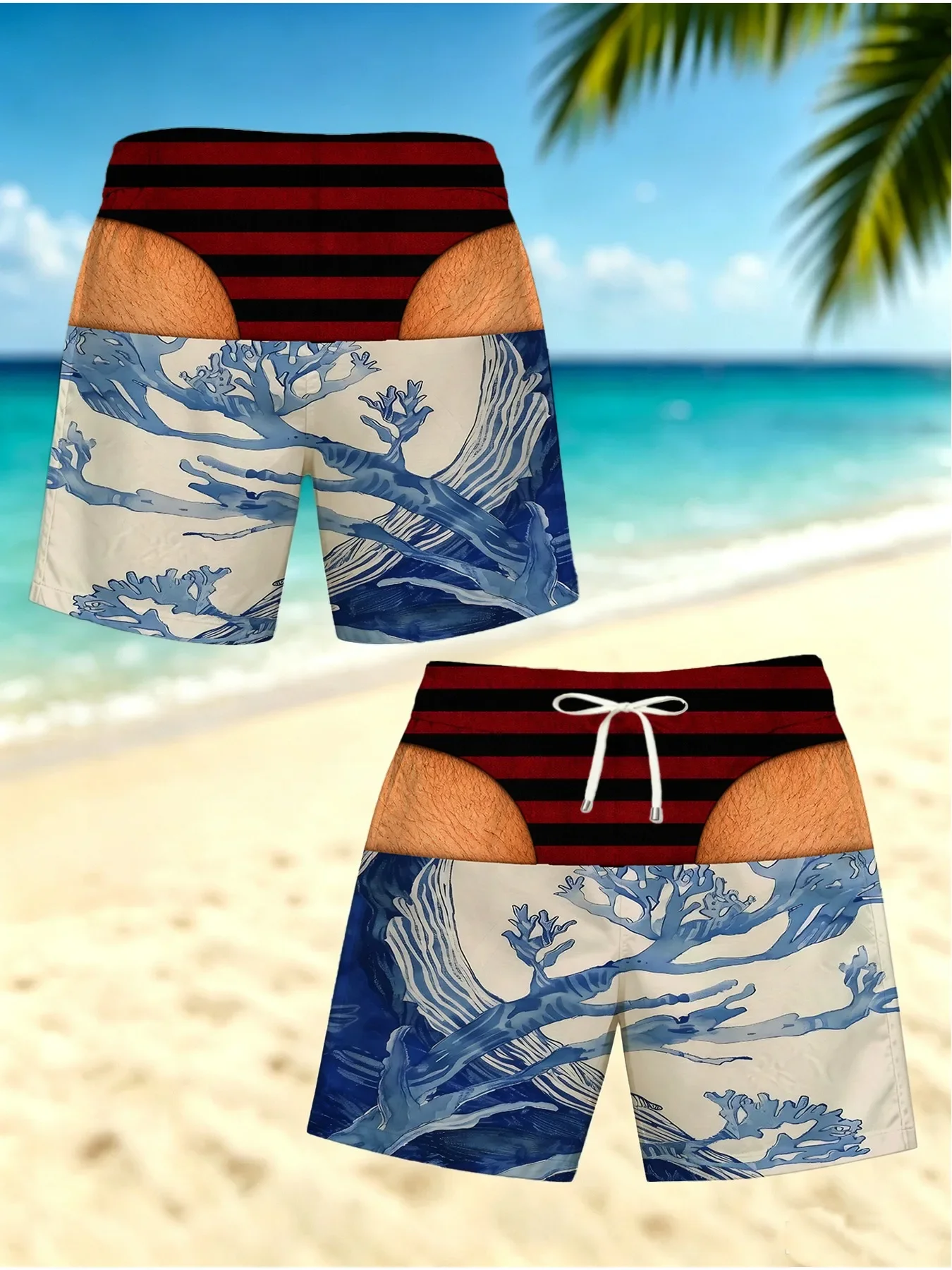 Novelty Prank Men's Board Shorts Red Black Stripe Fake Underwear Design Pastel Mermaid Scale Print Summer Beach Party Swimwear