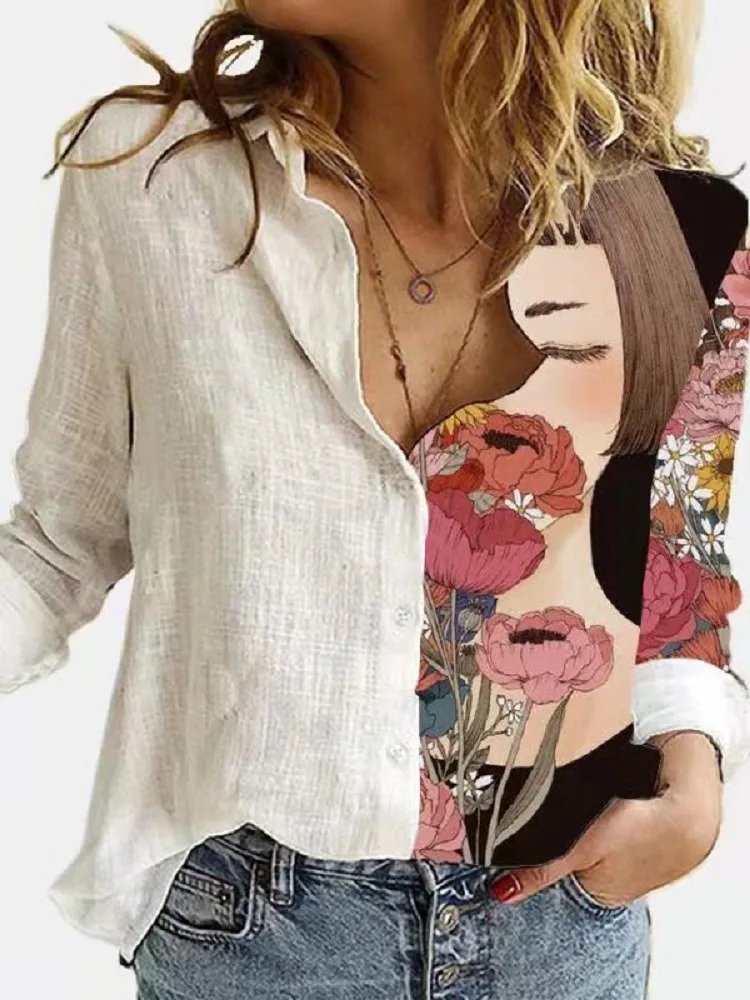 Women Casual Office Lady Vintage Button Spring Summer Loose Blouses and Shirts Loose Cartoon Printing Patchwork T Shirt Tops