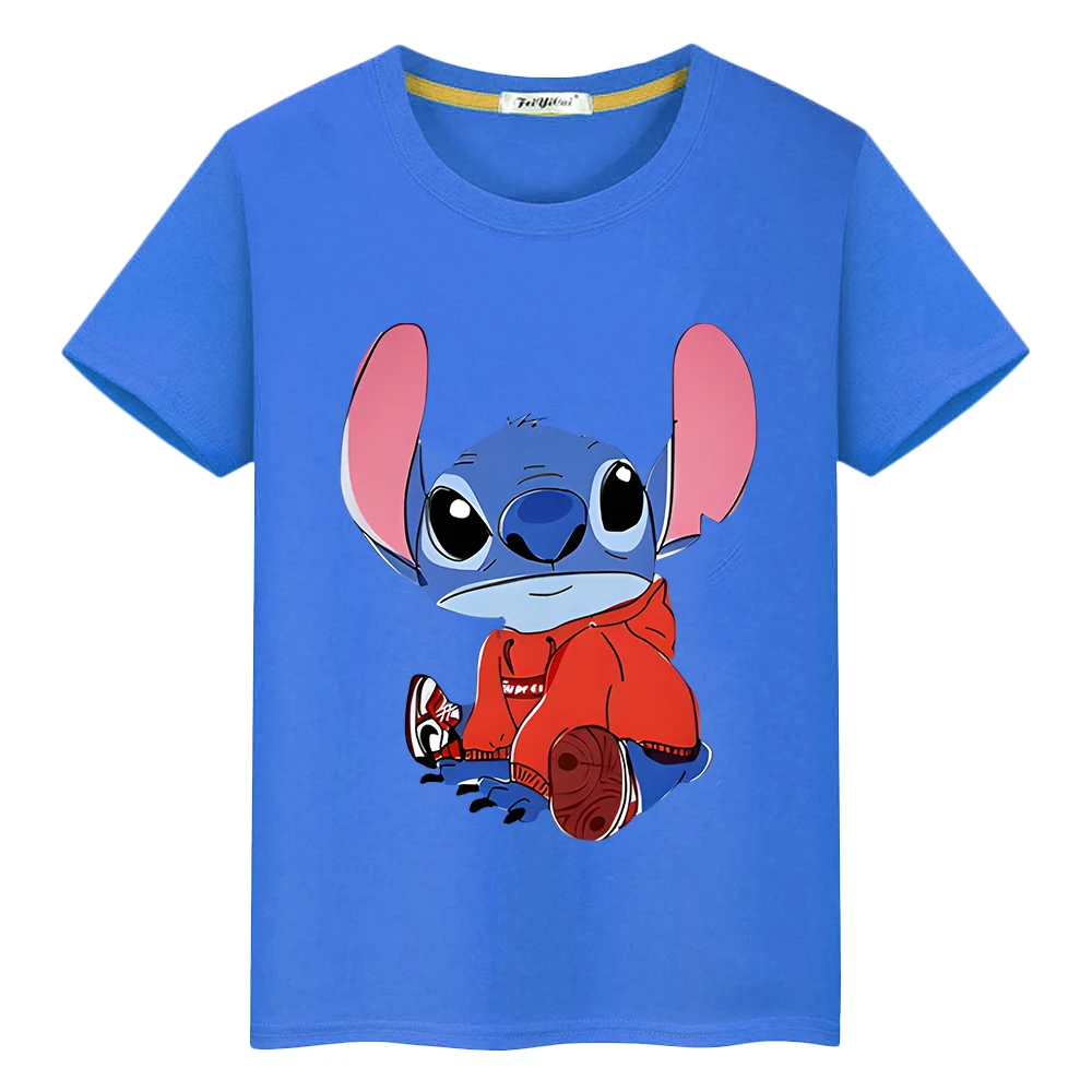 T-shirt Disney Stitch pour enfants, 100% coton, imprimé Kawaii, point court, anime, vêtements pour filles, garçon, 10 ans, Y-y2k