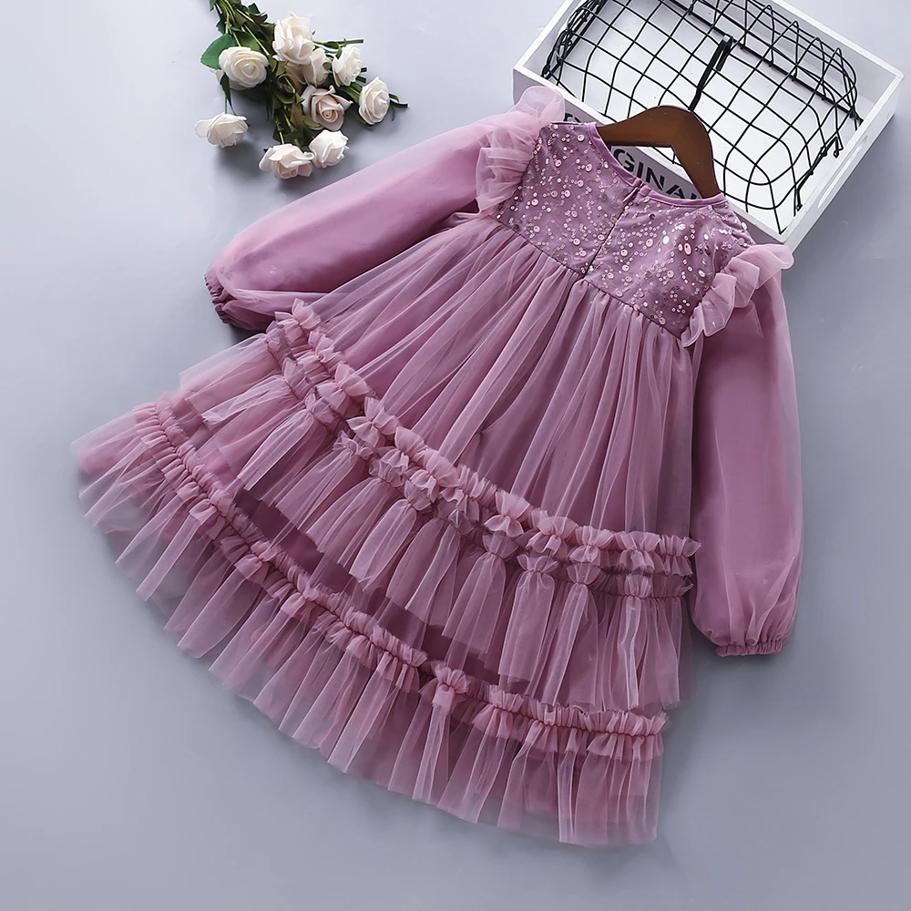 High Quality Spring Autumn Girl Dress New Lace Chiffon Floral Draped Ruched Pink Purple Kid Children Clothing Princess Dress