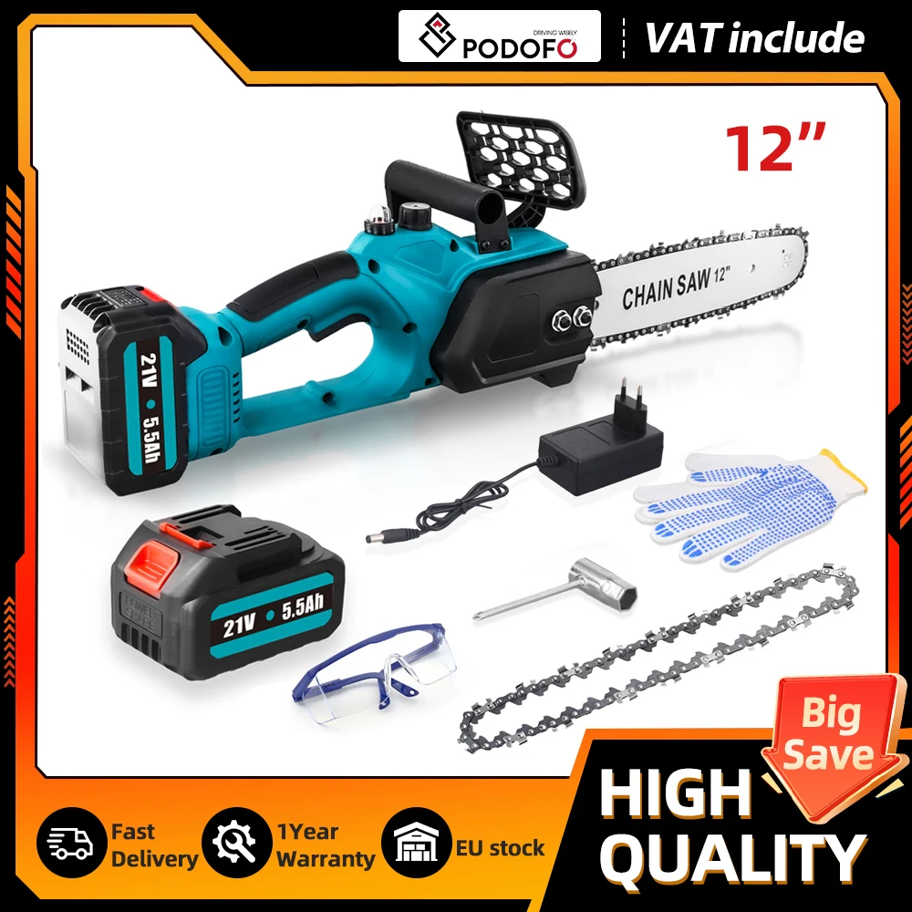 Podofo 12 Zoll Mini Elektrische Kabellose Kettensäge Wiederaufladbare Holzbearbeitungs-Elektrosäge mit EU-Stecker für Makita