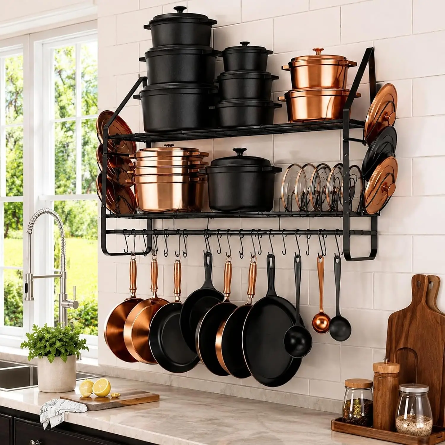 2-Tier Wall-Mounted Pot and Pan Rack, Extra-Large Heavy-Duty Design, 39.4 Inches