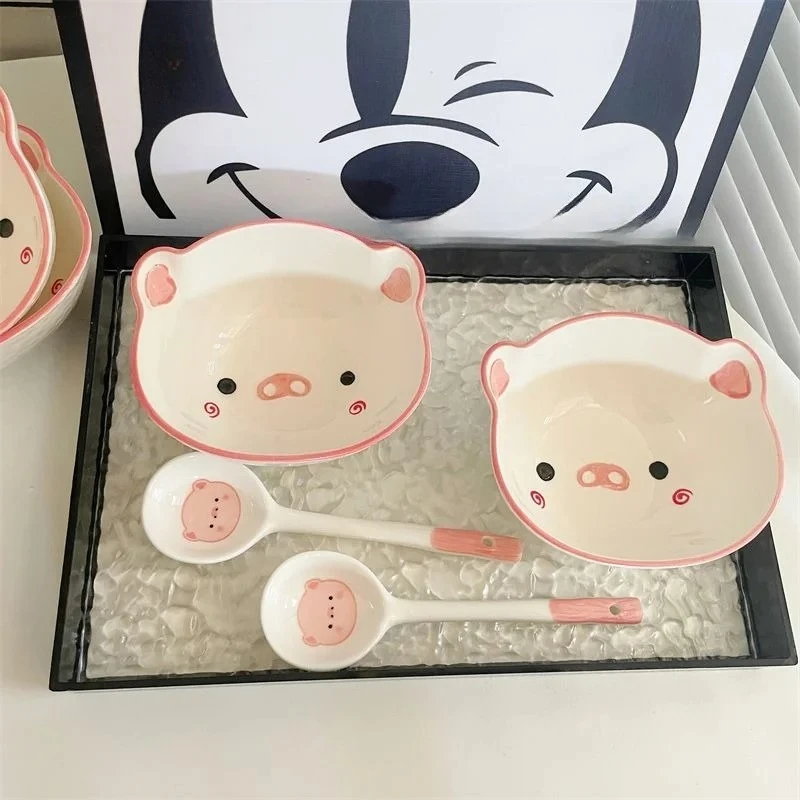 2 Set Cartoon Pig Hand Drawn Ceramic Bowl with Spoon Cute Household Rice Bowl Eating Dishes Soup Yogurt Dessert Bowls